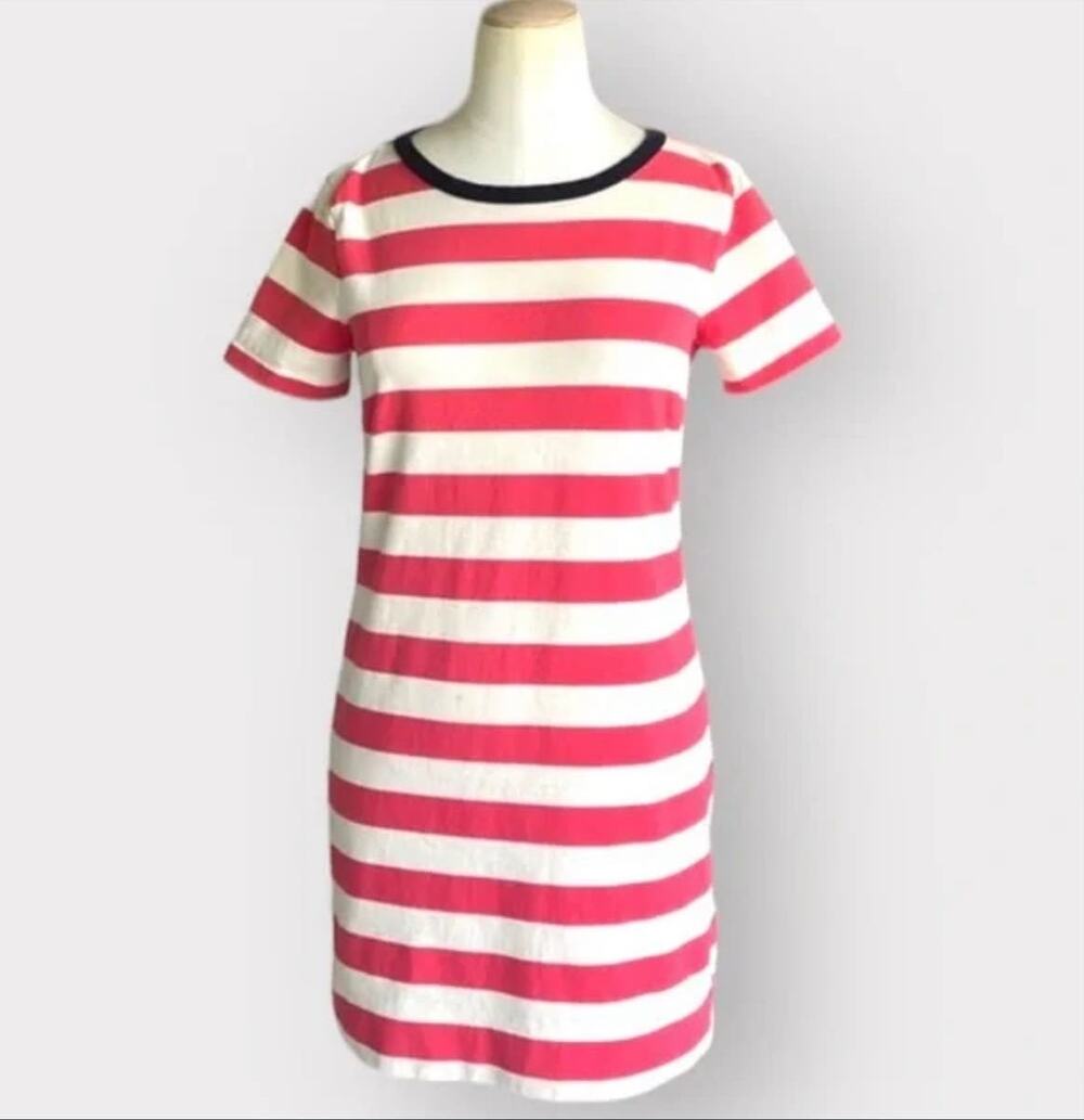 J CREW Rugby Stripe T Shirt Dress Coral Pink White Shift Dress sz S NWT NEW